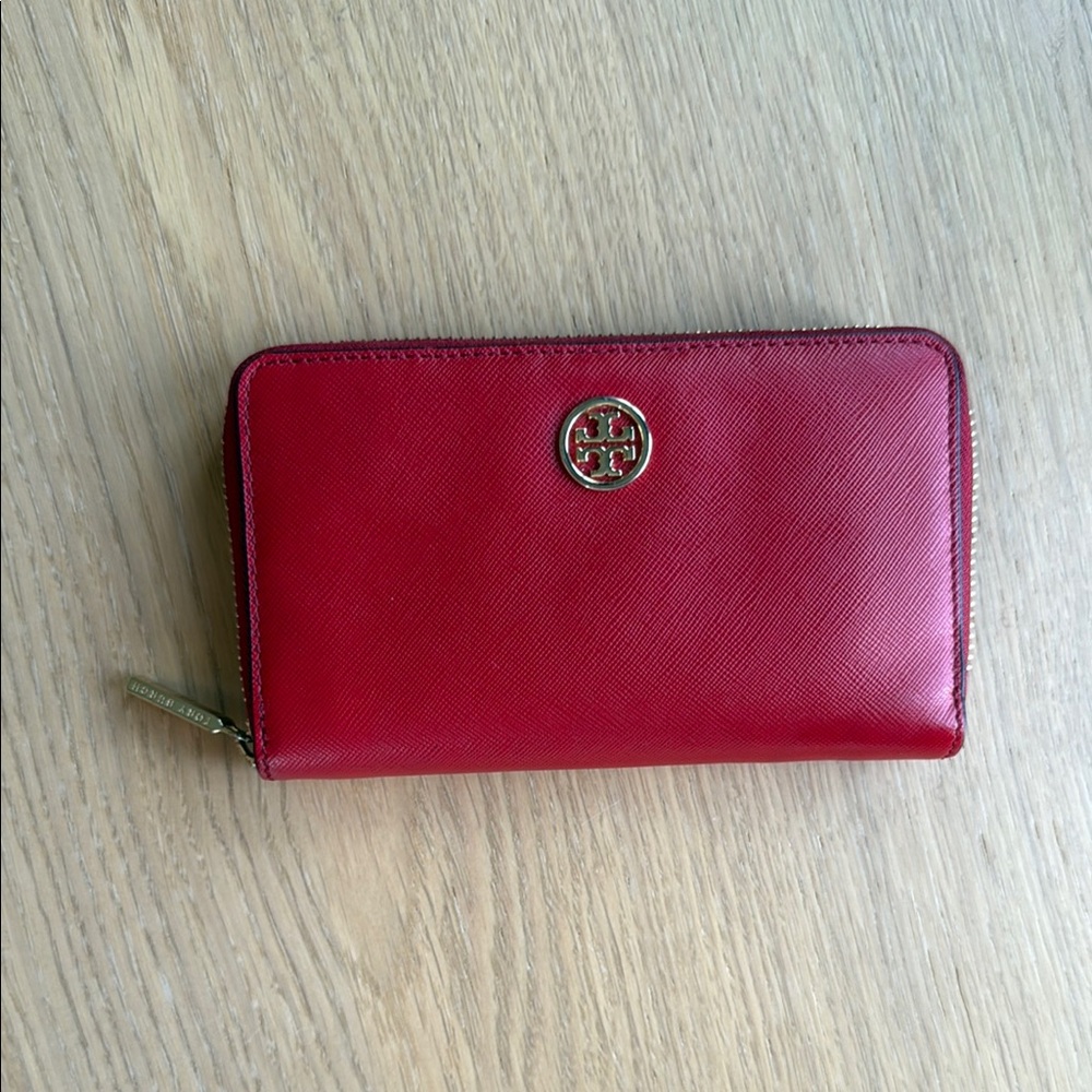 Tory Burch Red Leather Wallet with Gold Logo